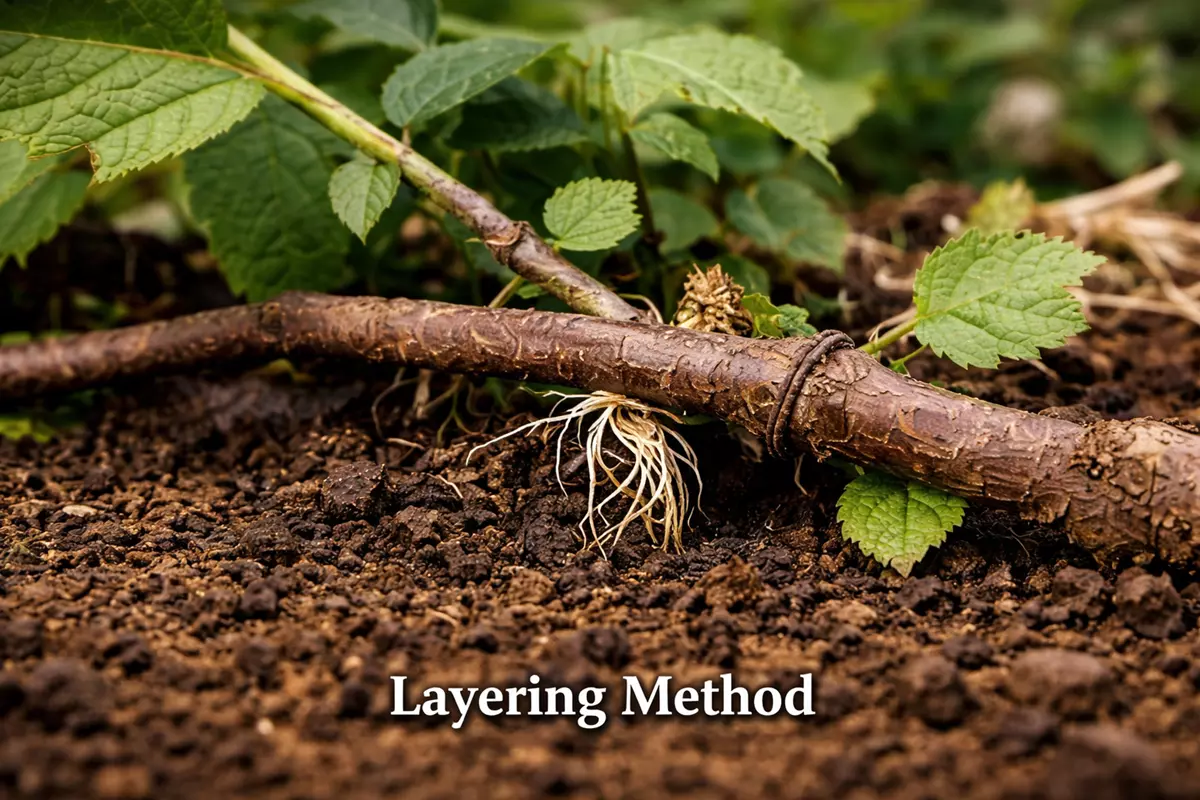 Layering method for oakleaf hydrangea: stem pinned to soil while roots form