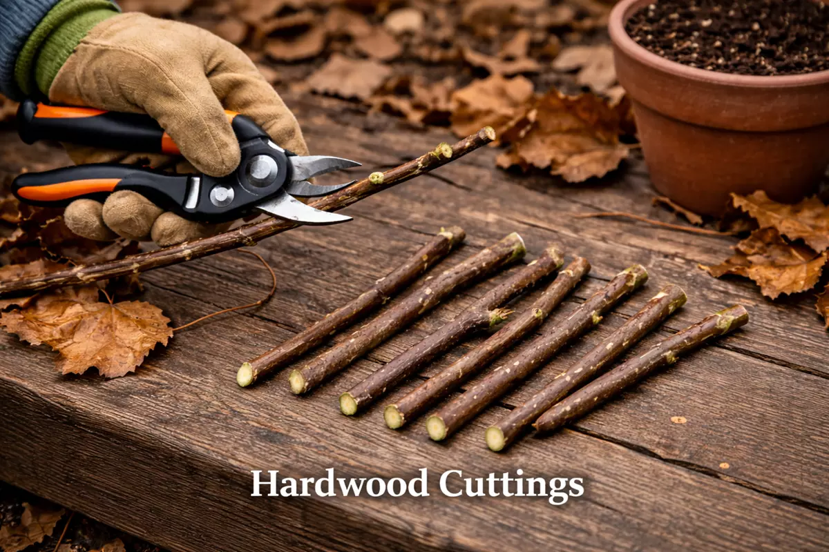Hardwood cuttings prepared for oakleaf hydrangea propagation on a potting bench