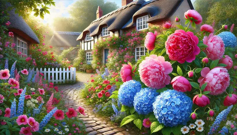 Garden with Peonies and Hydrangeas